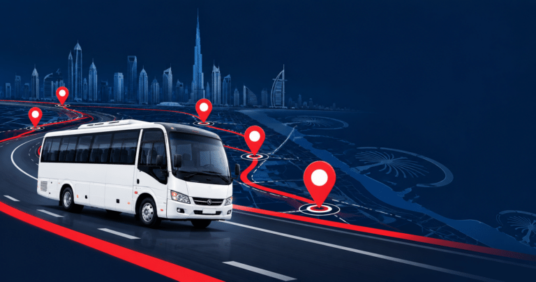 Pick and drop service in Dubai staff bus at a business district